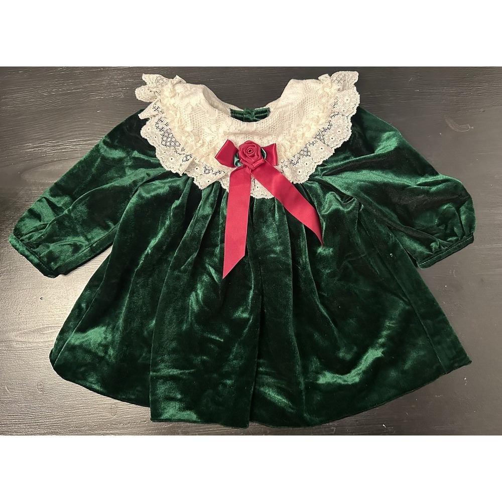 Vtg Rare Editions Toddler Green W/Lace Dress Size 12 Months
